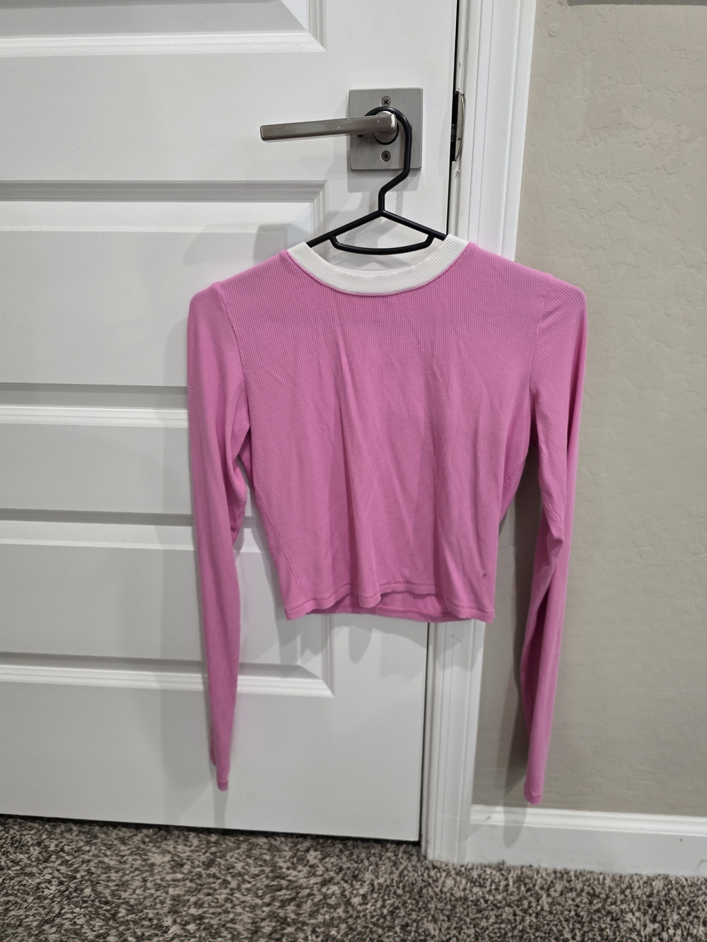 SKIMS Pink Long-Sleeve Cropped Top with White Collar